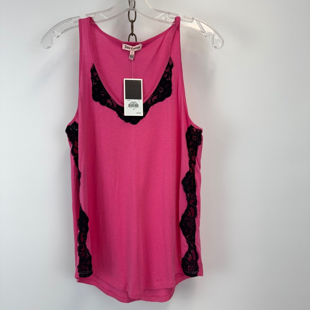 Juicy Couture Highlighter Knit Tank with Lace Trim Pink‎ Black Size S NWT